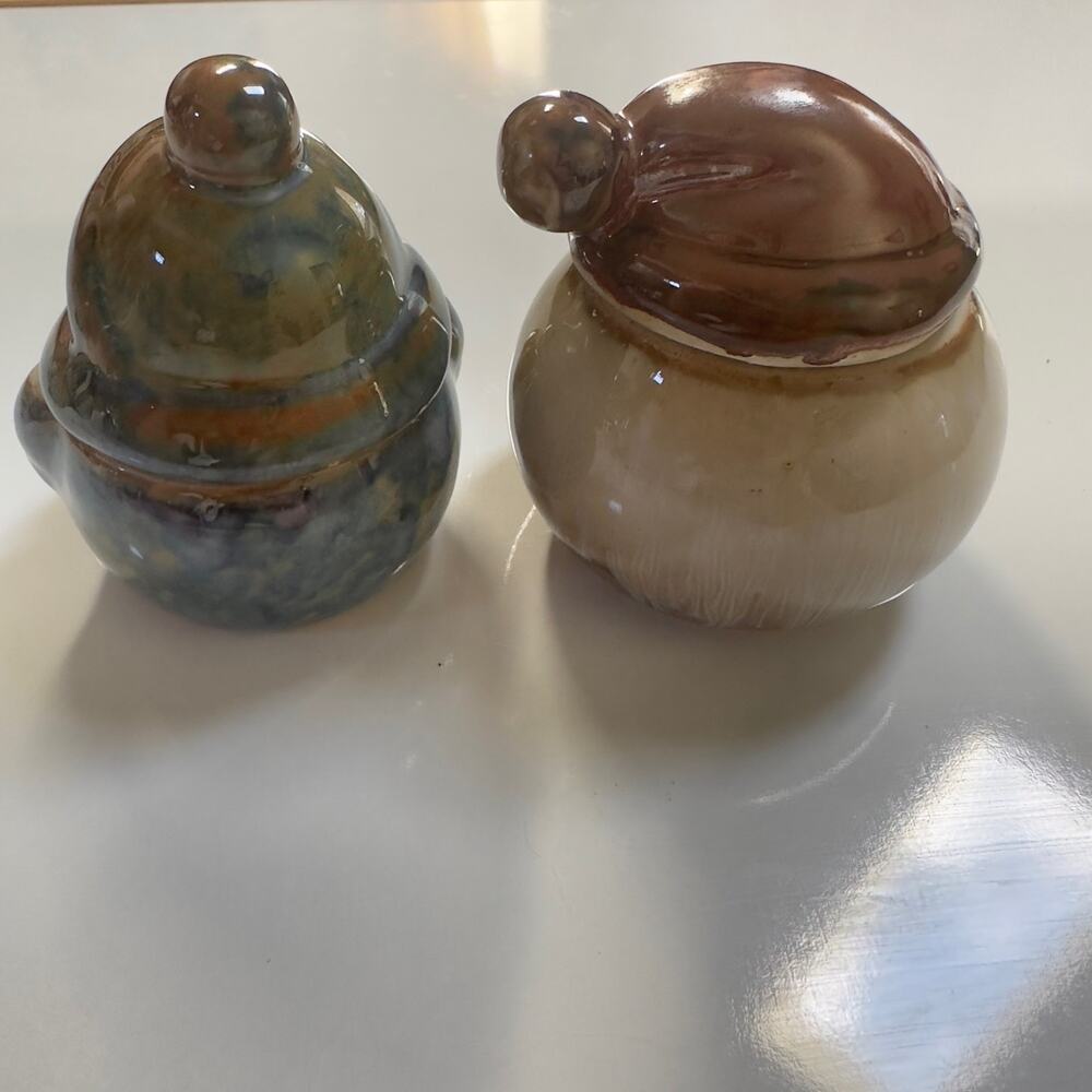 Set of 2 Christmas Snowman Santa Folk Art Stoneware Pottery Jar or Trinket Box - Picture 4 of 15